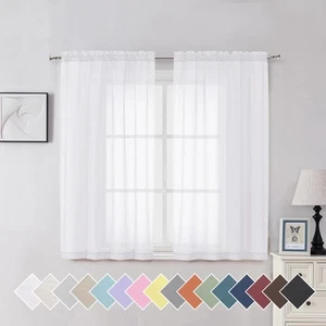 White Sheer Curtains 54 Inches Long 2 Panels Set for Living Room Light - Picture 1 of 8