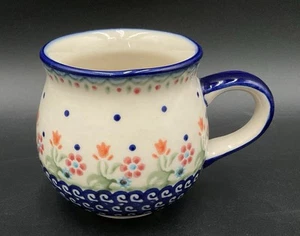 Polish Pottery Bubble Mug Spring Flowers Blue White Swirl 12 oz Signed - Picture 1 of 8