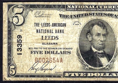 🇺🇸AL 1929 $5 ♚♚LEEDS, ALABAMA♚♚ THE LEEDS-AMERICAN NB PMG VERY FINE 20, SCARCE - Image 1 of 3