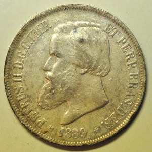 mw27701 Brazil Silver 2000 Reis 1889 Pedro II KM#485 - Picture 1 of 2
