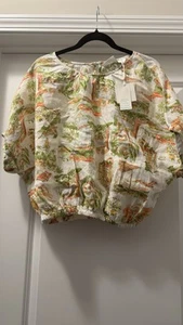 Cynthia Rowley NWT LARGE Linen beige Hawaiian tropical short sleeve Blouse - Picture 1 of 8