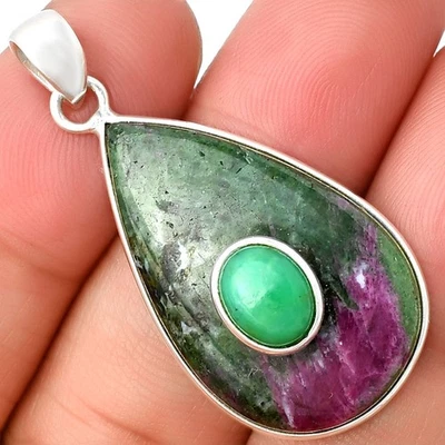 Ruby Zoisite - Africa & Chrysoprase 925 Sterling Silver Pendant Jewelry P-1323 - Image 1 of 4