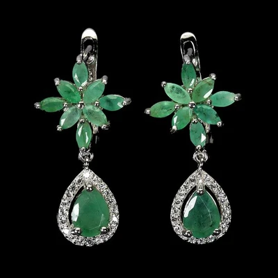 925 Sterling Silver Earrings Pear Emerald 6x4mm Natural Gemstone Jewelry - Image 1 of 4