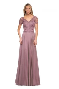 La Femme Dusty Lilac Embroidered Lace Bodice Chiffon A- Line Gown Size 6 $535 - Picture 1 of 2