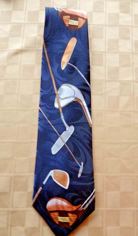 高尔夫俱乐部领带 Robert Cellini 男式领带海军蓝金色新奇 59“X 4” — 第 1/1 张图片