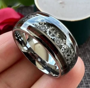 Men's 10mm Tungsten Clockwork Gears Koa Wood Inlay Engagement Wedding Band - Picture 1 of 15