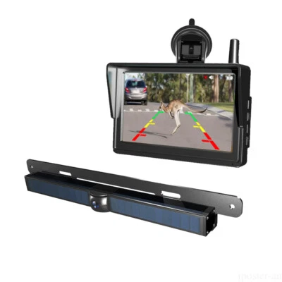 Wireless 5" Monitor Solar Au License Plate Backup Camera Car Reverse Rear View - Image 1 of 4