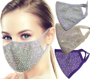 3 PACK Rhinestone Face Mask Large stones PURPLE,  Beige, GRAY with filter pocket - Picture 1 of 10