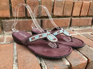 *Minnetonka*The Bisbee*Flip Flop Sandals●Dark Leather W/Beautiful Beadwork●Sz.8 - Picture 1 of 9
