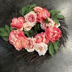 Peony Flower Wreath for Front Door Artificial Pink Easter Spring 20”x 5” Twigs