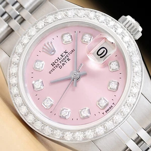 LADIES ROLEX DATE PINK DIAMOND DIAL 18K WHITE GOLD & STAINLESS STEEL WATCH - Picture 1 of 7