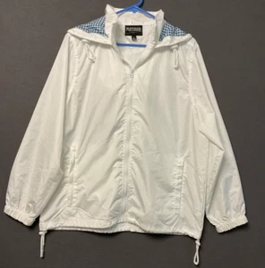 Platinweiße Windbreaker Jacke mit Kapuze L Kordelzug Saum Gingham gefüttert Kapuze - Bild 1 von 8