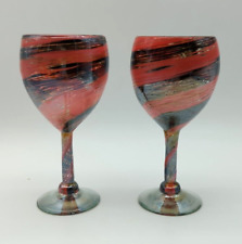 Mexican Art Glass Hand Blown Iridescent Swirl Heavy Wine Glasses Goblets