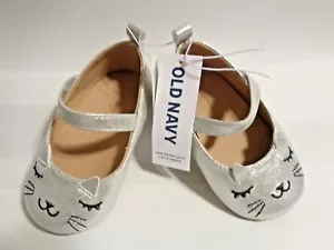 NEU Old Navy Silber Critter Katze flache Ballerinas Baby Mädchen 3 6 12 18 Mary Jan - Bild 1 von 4