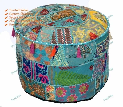 Embroidered Vintage Floral Ottoman Pouf Comfortable Cotton Footstool Decor - Image 1 of 4
