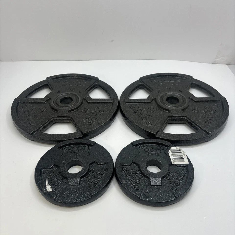 "4 placas de peso de hierro fundido Gold's Gym 2x10 lb 2x2,5 lb barra de orificio de 1"" 25 lb en total" Foto 1 de 4