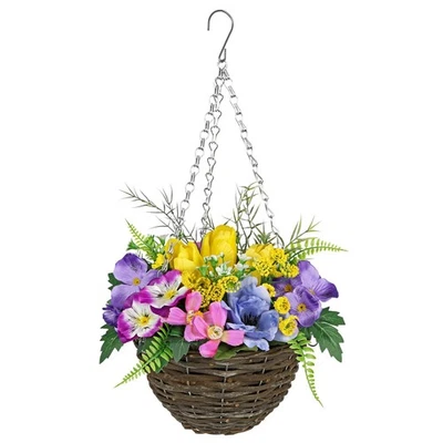 Яркие искусственные подвесные корзины с цветами смешанные тюльпаны анютины глазки висячая корзина... - Изображение 1 из 4