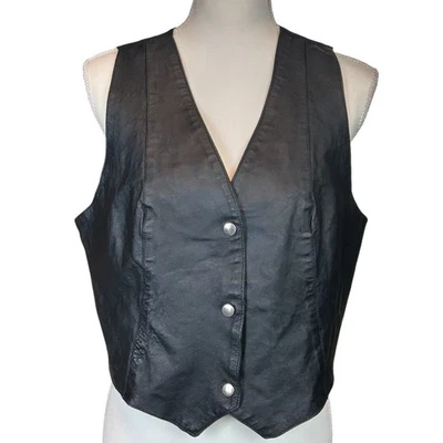 Wilsons Leather Vest Women Sz XL Black Snap Front Biker Rider Retro Western Top - Image 1 of 4