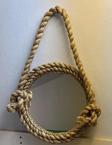 14" Round Rustic Nautical Primitive Mirror with Thick Rope, Wall Decor - Picture 1 of 4