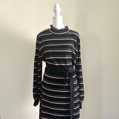 Nuevo con etiquetas Vestido Nanette Lepore Coco Cuello Simulado Rayas Midi Suéter Acabado Acanalado XL Foto 1 de 4