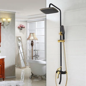 Black&Gold Rainfall Shower Faucet Set Square Head Handheld Sprayer Tub Mixer Tap - Picture 1 of 10