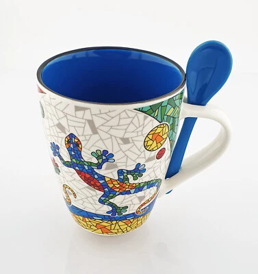Kaffeebecher aus Keramik Kaffeetasse Tasse Becher Mug mit Löffel - Motiv Gecko - Bild 1 von 2