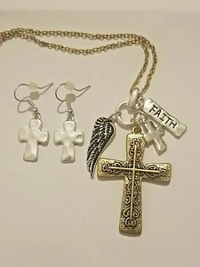 New Two-Tone "Faith" Cross Necklace Set - Picture 1 of 3
