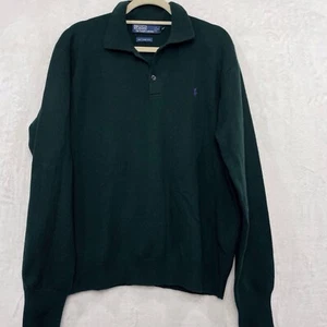 VTG Polo Ralph Lauren Lambswool Sweater Men XL Henley Collared Pony Forest Green - Picture 1 of 11