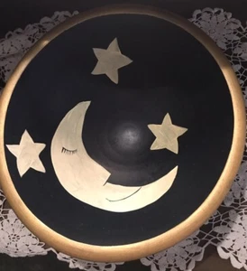 Handmade celestial moon and stars painted wooden bowl folk art - Picture 1 of 3