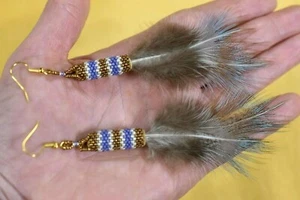 Blue Pheasant Earrings Prayer Feathers W Peyote Stitch Medicine Ceremonies - Picture 1 of 3