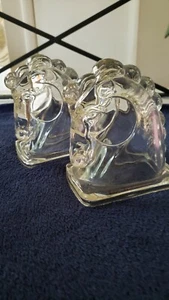 1940's Deco Pair of Federal Clear Glass Hollow Horse Head Bookends Trojan Horse - Picture 1 of 10