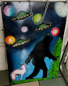Steel Bigfoot Sign Sasquatch, Spaceships, Unicorn, Planets 3-D Heavy Duty 22x14 - Picture 1 of 18