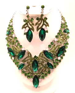 JEWELRY SET- Luxury Rhinestone Green Statement Necklace and Earrings Set - Picture 1 of 6