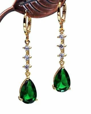 2 Carat Lab Created Emerald & White Topaz Dangle Drop Earrings 14k Gold Filled - Image 1 of 3