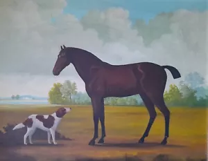 LIZZIE RICHES B. 1950 FINE OIL ON CANVAS HORSE & HOUND TRIBUTE TO GEORGE STUBBS - Picture 1 of 7