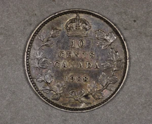 1908 8/8 Canada Silver 10 Cents - Picture 1 of 3