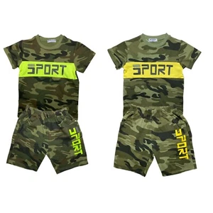 Boys T-Shirt Short Set Kids Camo Army Camouflage Summer Short Outfits Cotton - Picture 1 of 3