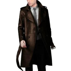 Men Genuine Lambskin Real Leather Short Trench Coat Classic Belted Brown Jacket - Picture 1 of 3