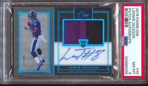 2018 Panini One Lamar Jackson RPA RC Patch Auto Sapphire #/49 PSA 8 Rookie - Picture 1 of 2