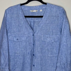Orvis Damengröße Large 100 % Leinen Chambray 3/4-Ärmel geknöpfte Bluse - Bild 1 von 8