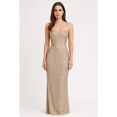 SCALA Silk Sequin Cutout Maxi Dress Evening Gown Formal Holiday Gold Ivory XS - Image 1 of 4