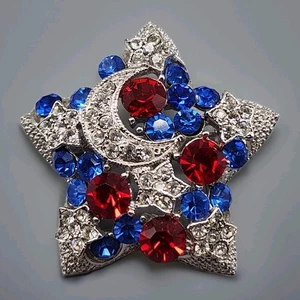 Vtg Celestial Star Brooch Moon Blue Red Cluster Patriotic Rhinestone Crystal Pin - Picture 1 of 6