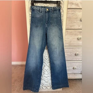 H&M Flecht High Waist mit aufgesetzten Taschen vorne hinten Retro Schlagjeans Gr. 0 - Bild 1 von 5