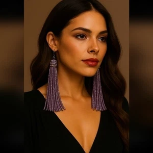 Vintage 70s Beaded Tassel Earrings | KJL Style Glass Beads Statement Dangles - Picture 1 of 8