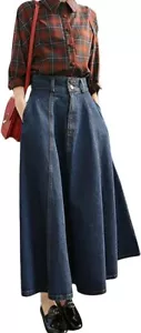 Women Denim A Line Skirt Ruffle High Waist Flared Pleated Jean Skirt Vintage - Picture 1 of 26