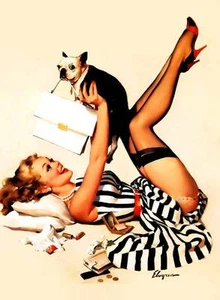 Vintage GIL ELVGREN Pinup Girl CANVAS ART PRINT Poster Lucky Dog 16"X 12" - Picture 1 of 1