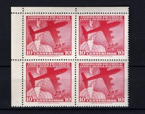 CHILE 1960 LAN airplane Antartic 10 centesimos red MNH block of 4 corner sheet - Picture 1 of 1