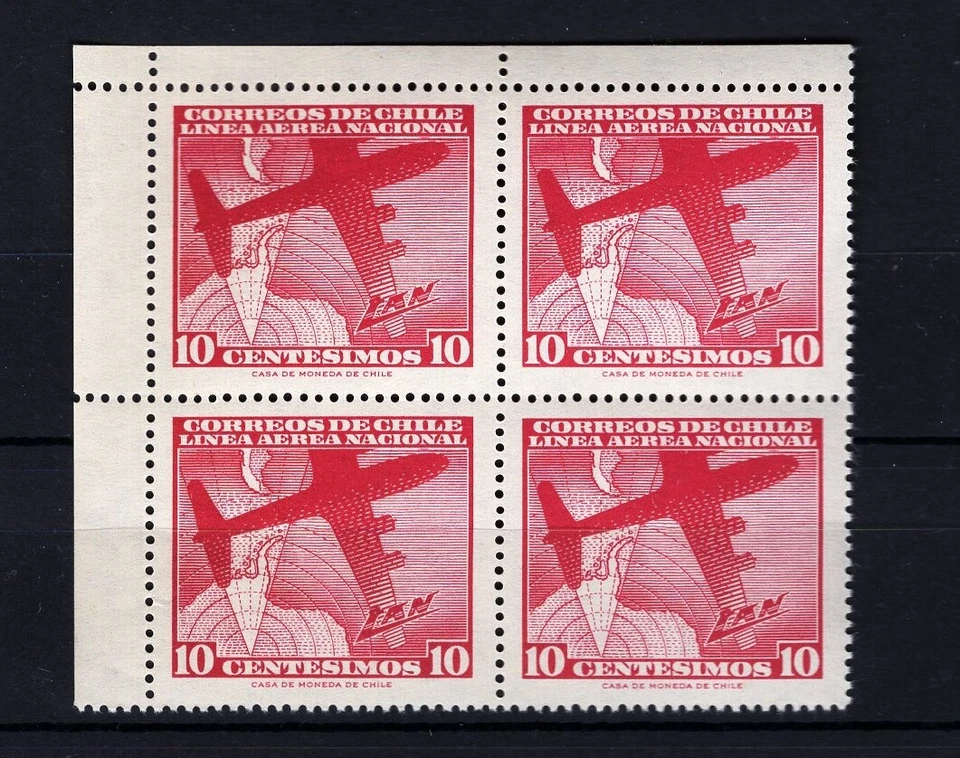 CHILE 1960 LAN airplane Antartic 10 centesimos red MNH block of 4 corner sheet - Image 1 of 1