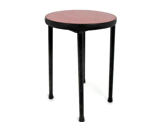 Small Retro Stool Chair Iron Legs Tabouret Crutch Plant stand Pedestal Red Top Cover