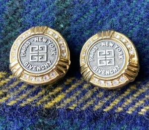 Vintage Givenchy 4G Logo Coin Clip On Earrings Gold Tone Rhinestone Round FLAWS - Picture 1 of 11